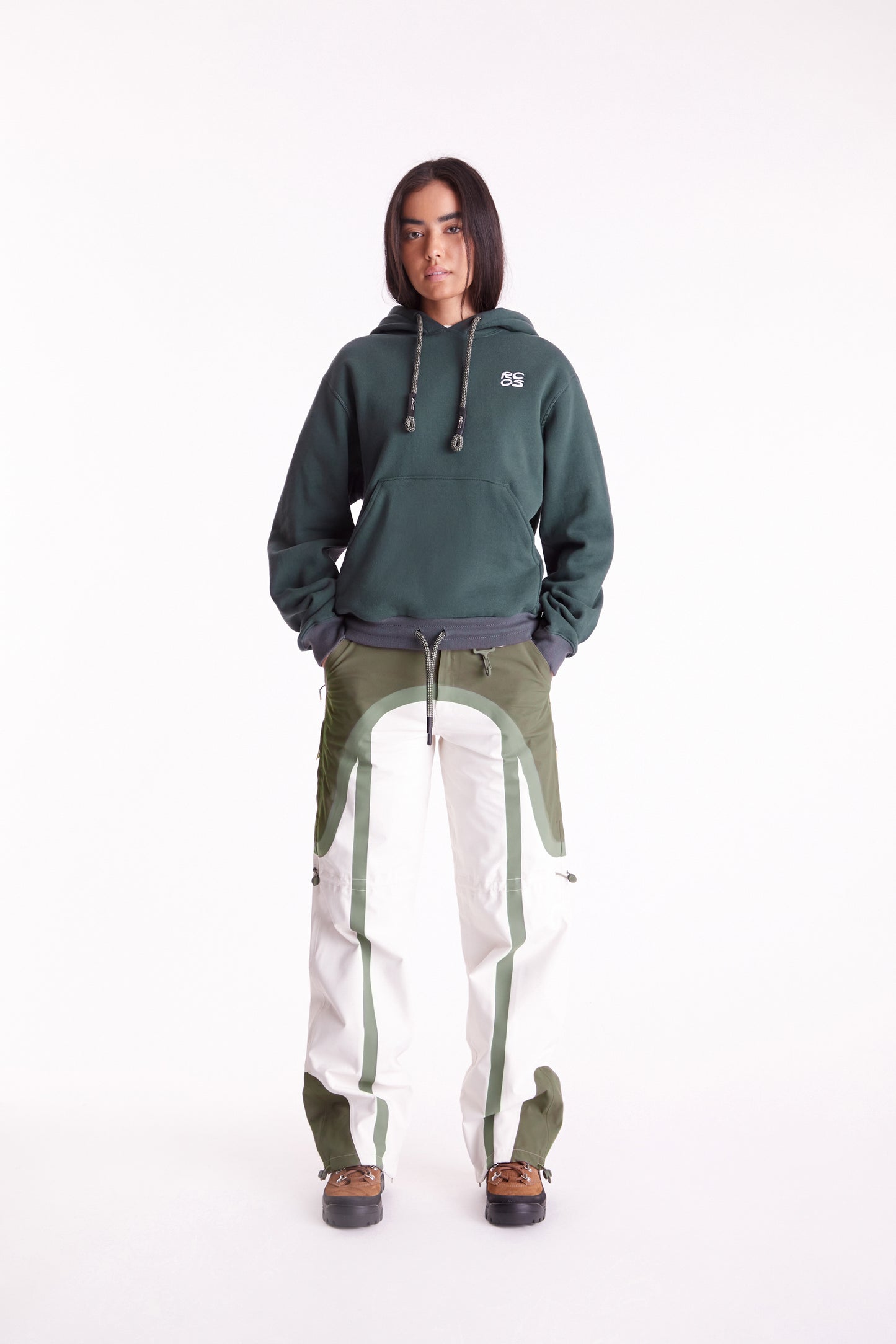 Taped Seam Nylon Shell Pant in Green & White