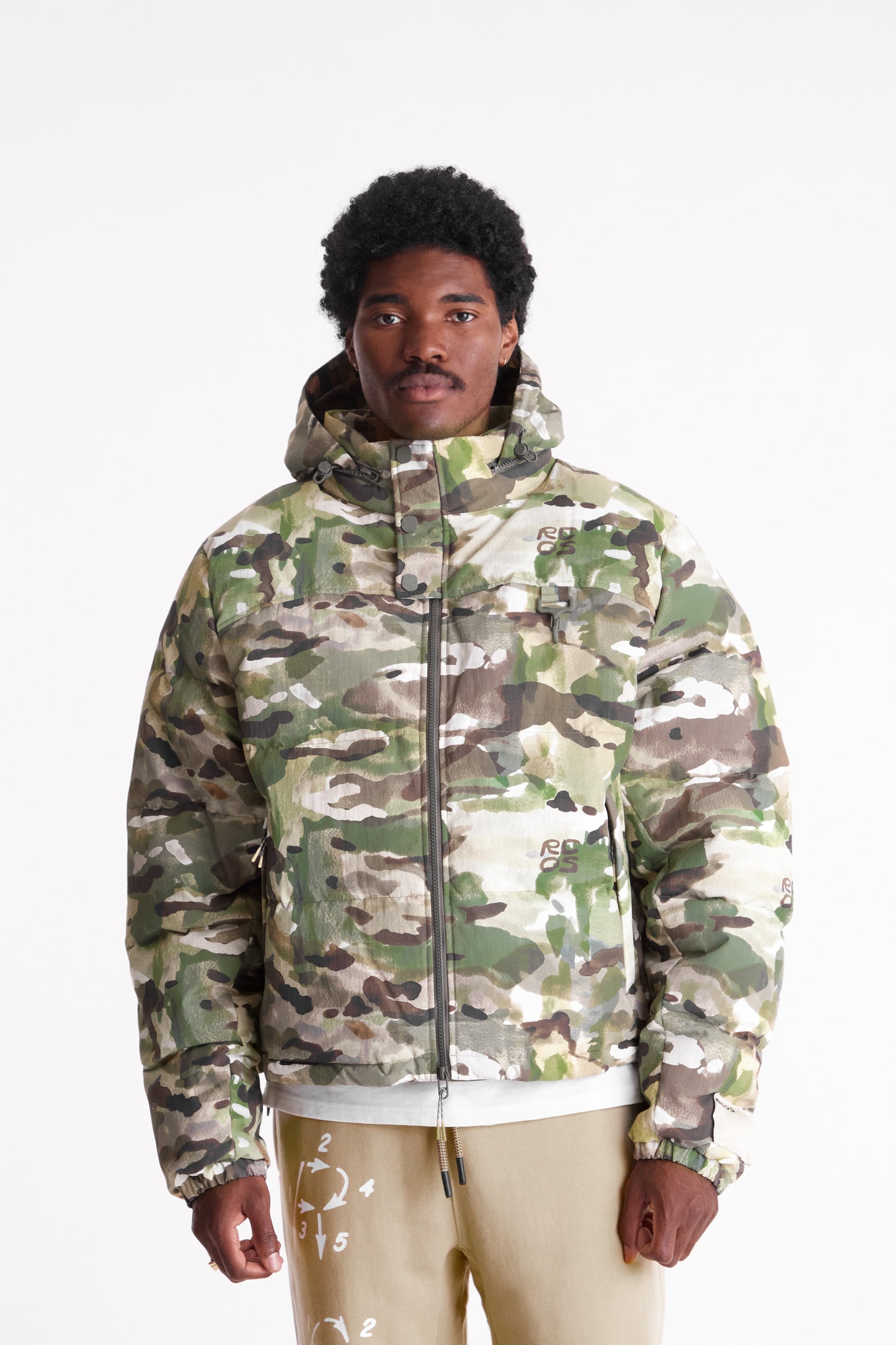 Nylon Puffer Jacket in Watercolor Camo