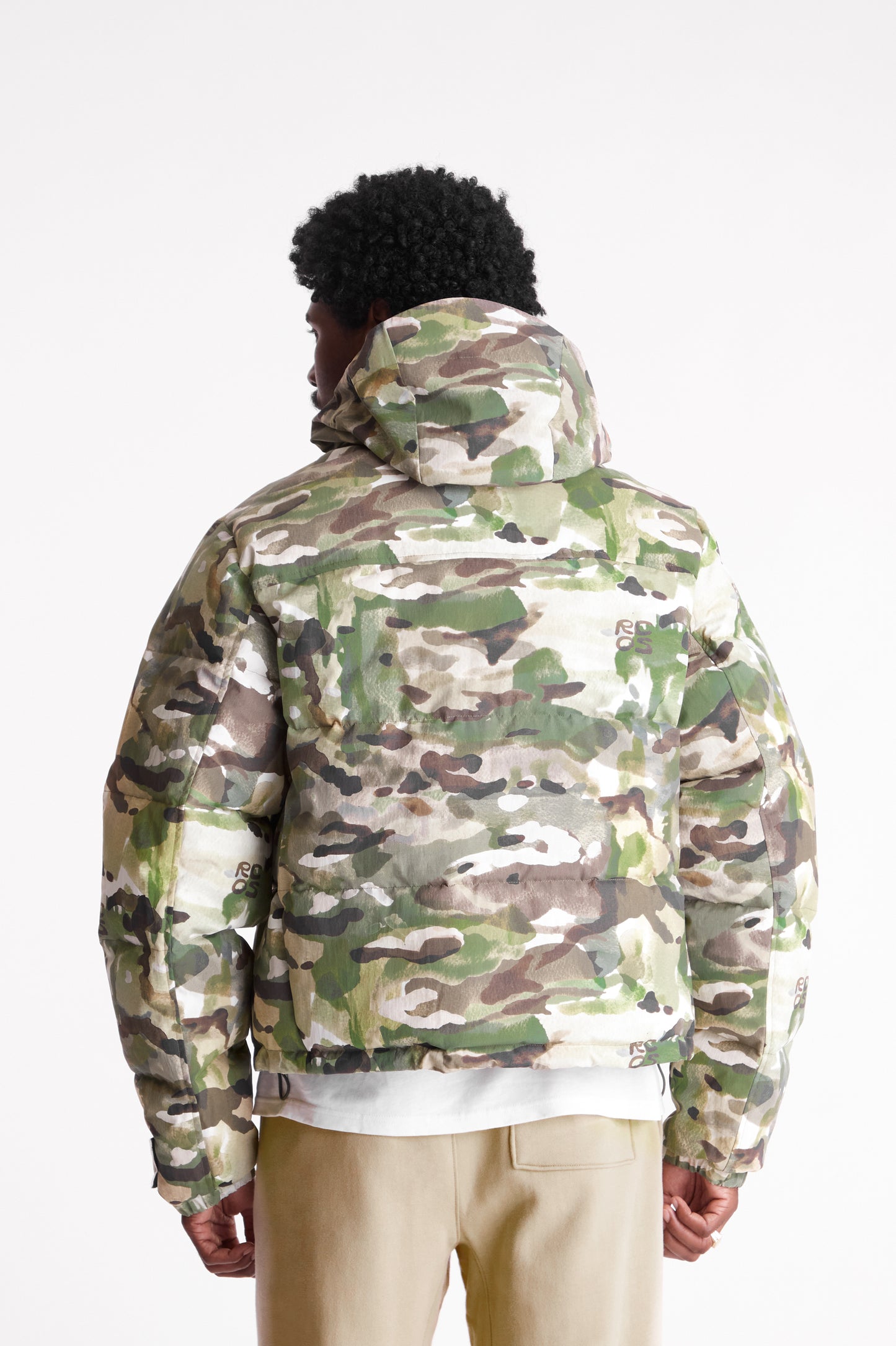 Nylon Puffer Jacket in Watercolor Camo