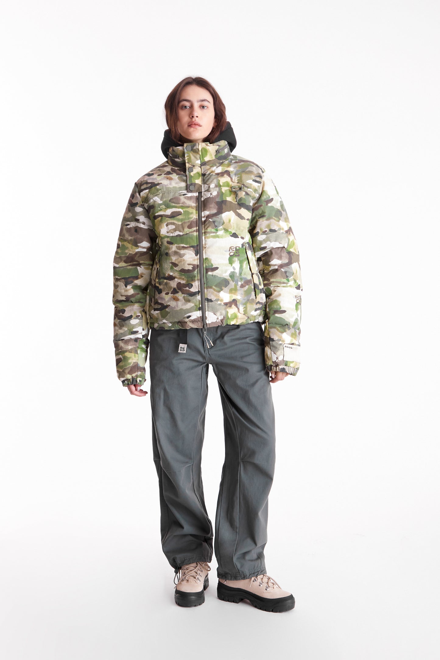 Nylon Puffer Jacket in Watercolor Camo