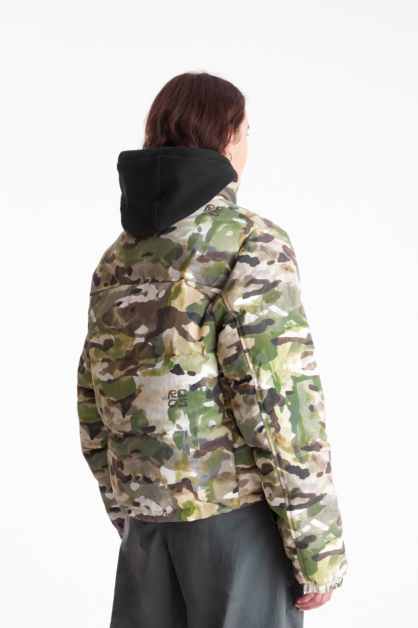 Nylon Puffer Jacket in Watercolor Camo