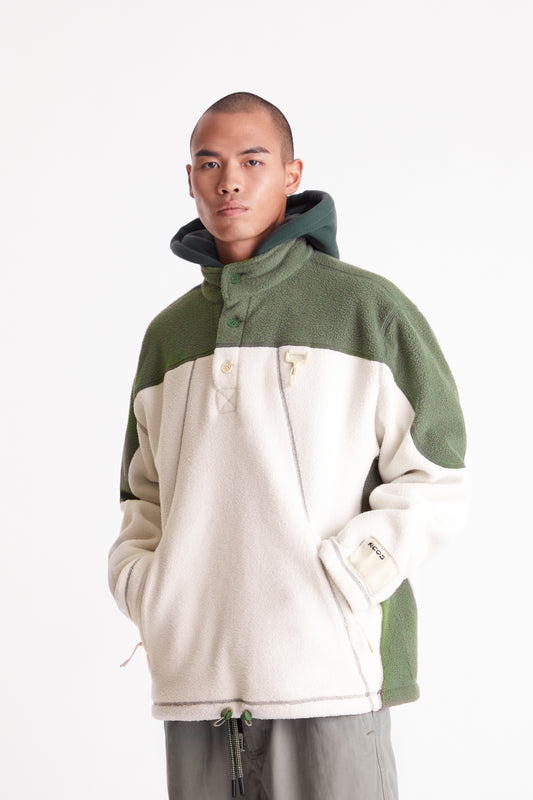 Sherpa Fleece Collared Pullover in Green & White