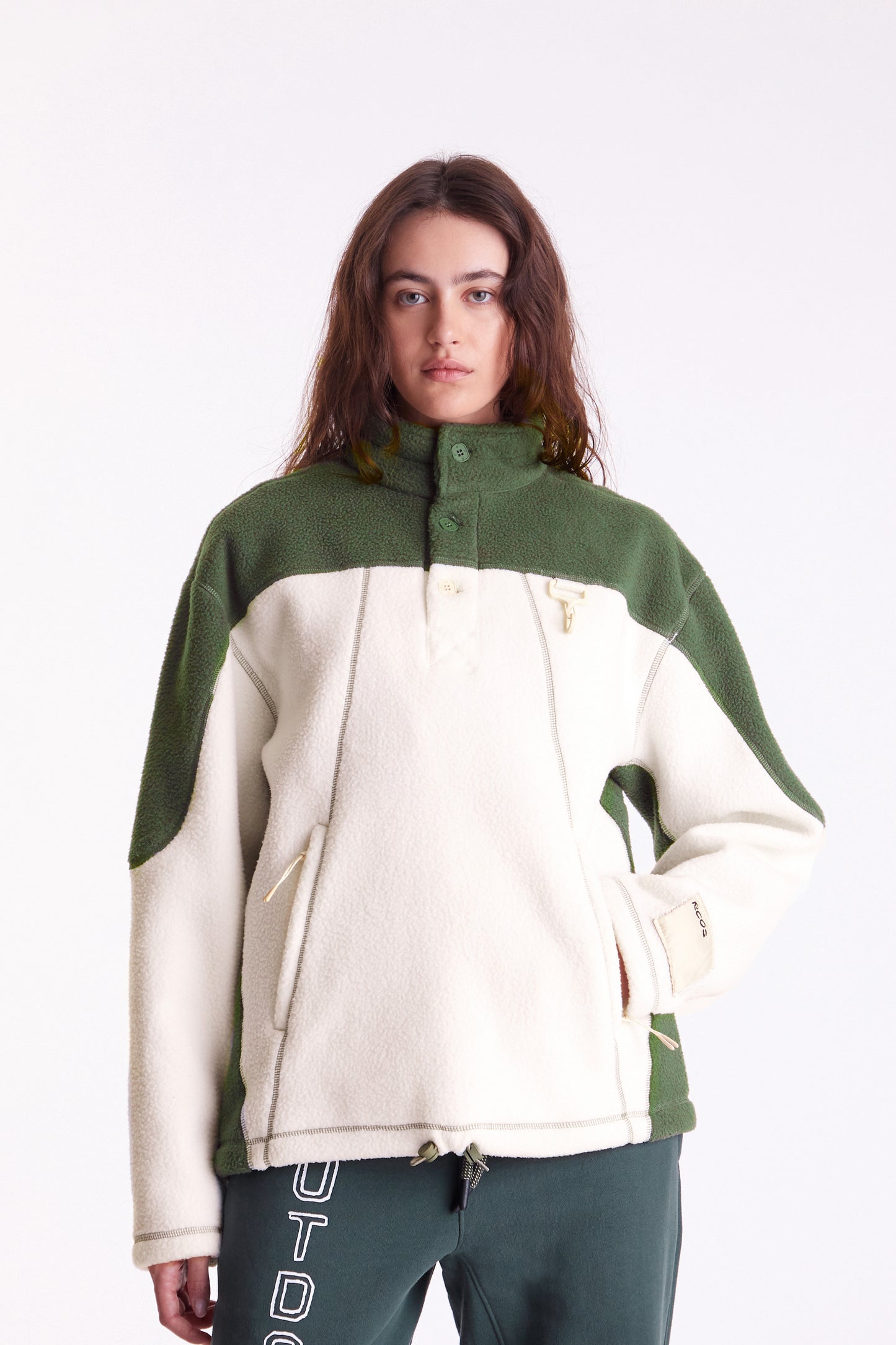Sherpa Fleece Collared Pullover in Green & White