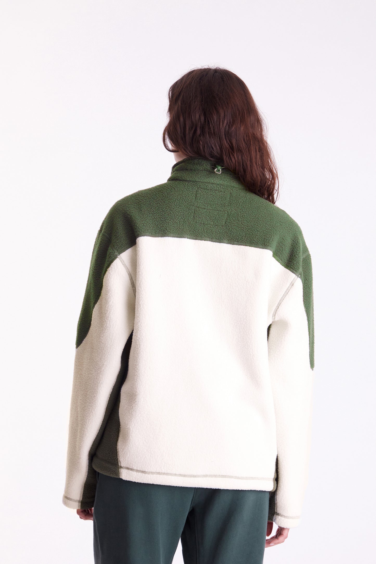 Sherpa Fleece Collared Pullover in Green & White