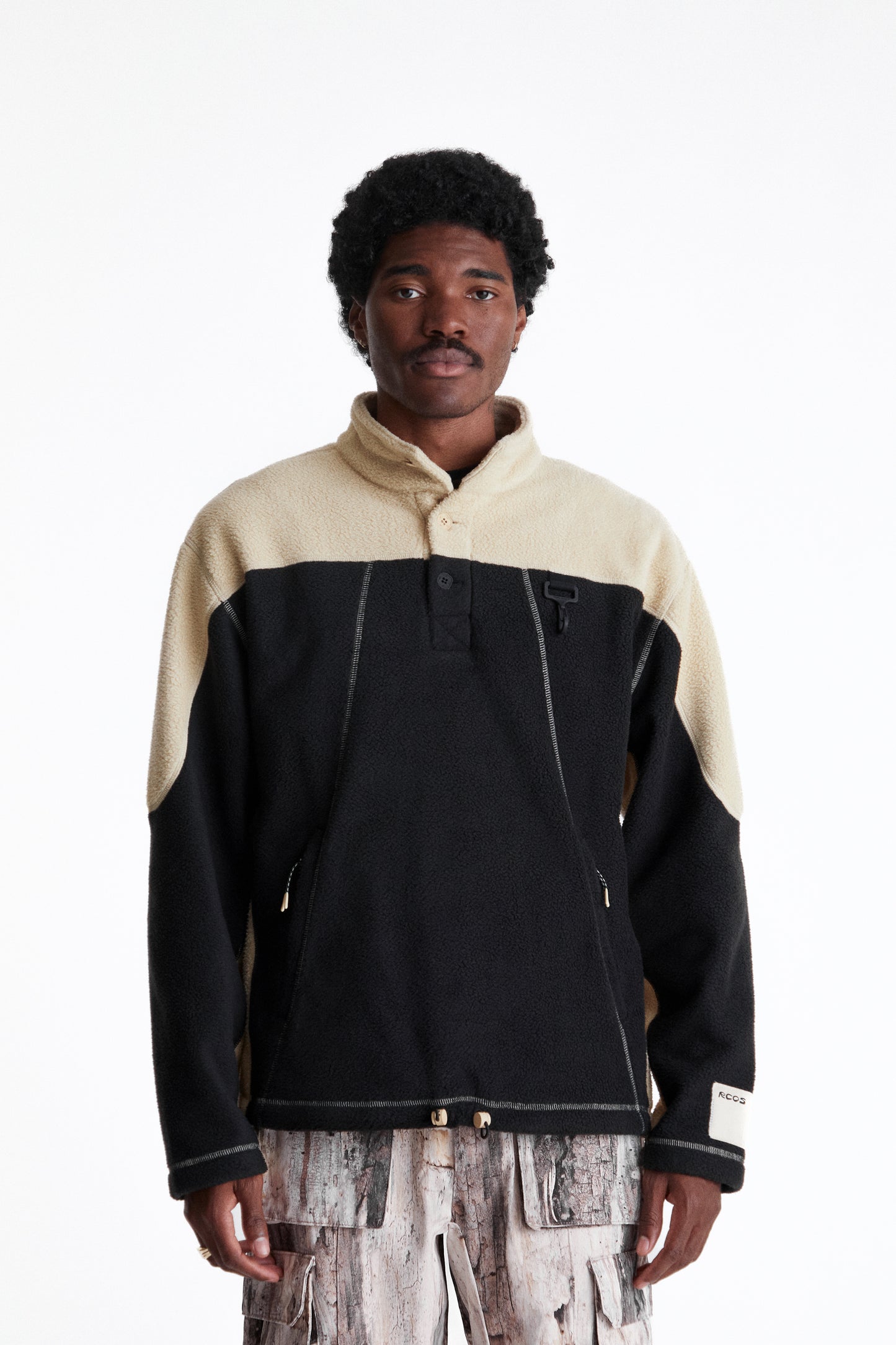 Sherpa Fleece Collared Pullover in Khaki & Black