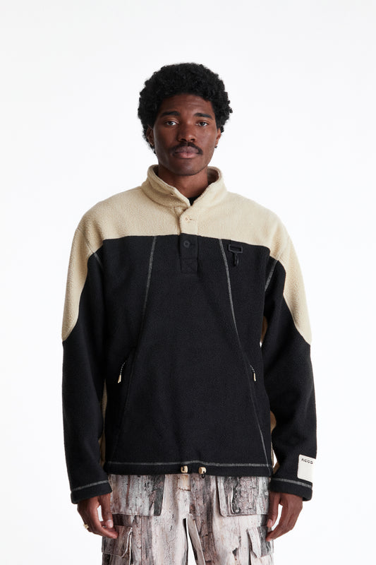 Sherpa Fleece Collared Pullover in Khaki & Black