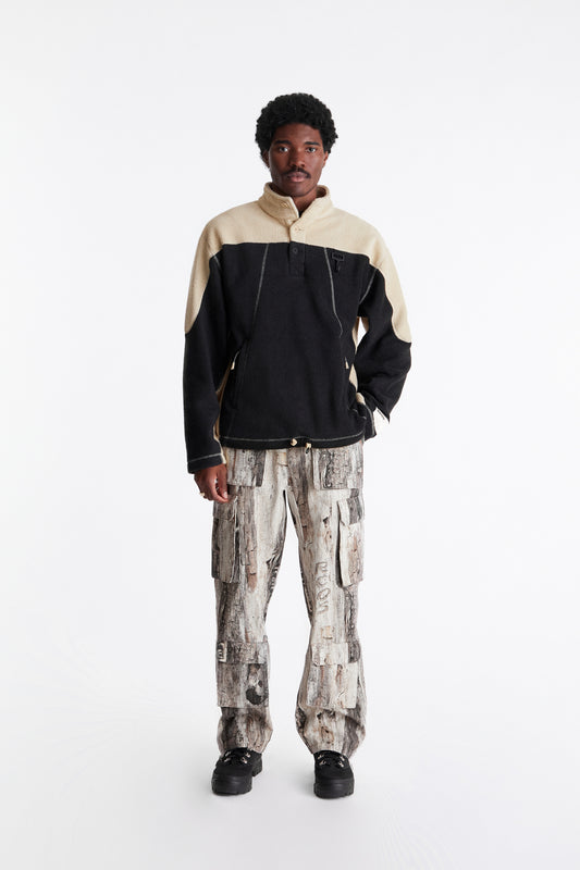 Sherpa Fleece Collared Pullover in Khaki & Black