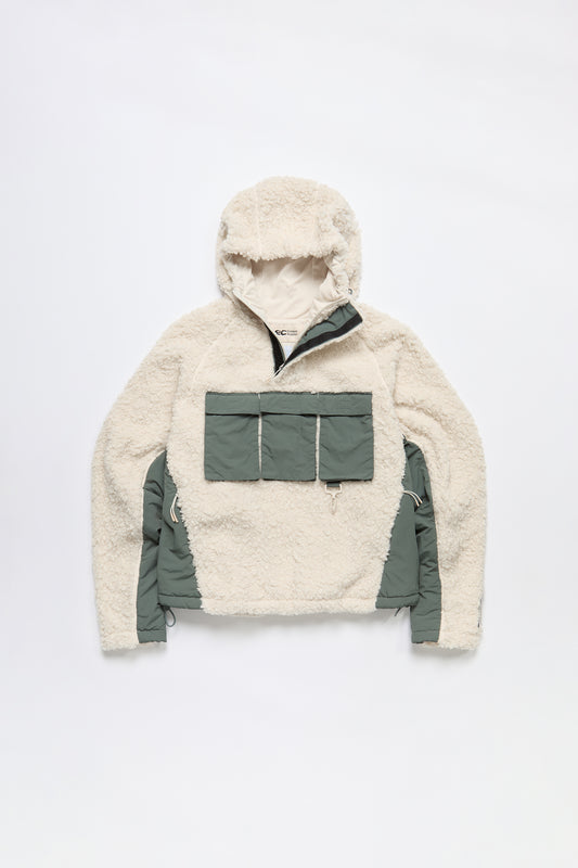 Hooded Sherpa Fleece Anorak in Cream & Green