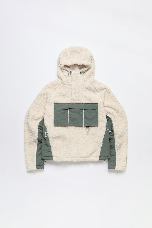 Hooded Sherpa Fleece Anorak in Cream & Green