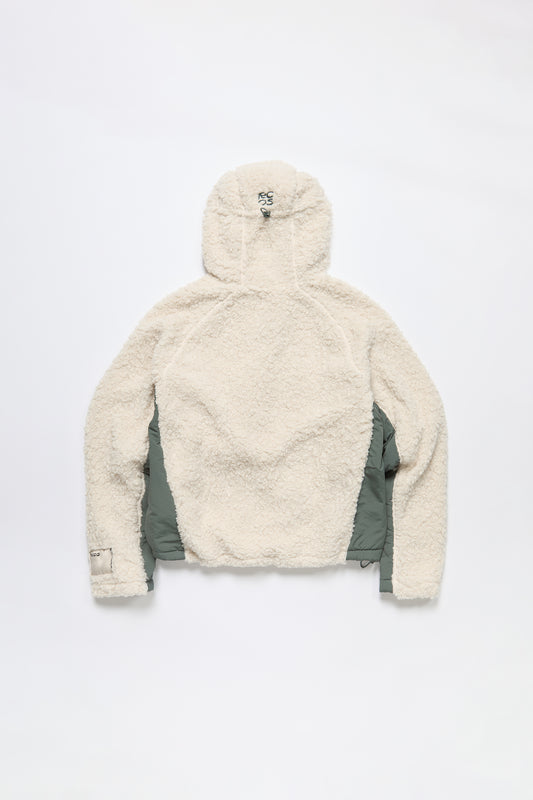 Hooded Sherpa Fleece Anorak in Cream & Green