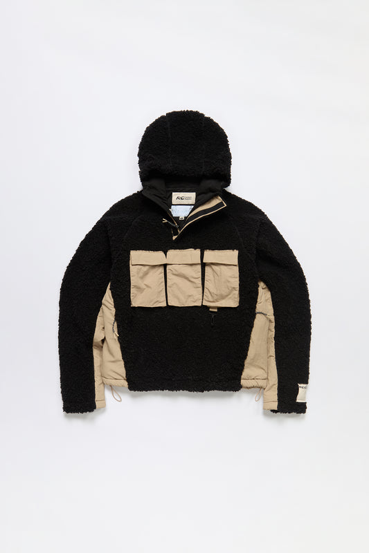Hooded Sherpa Fleece Anorak in Black & Khaki