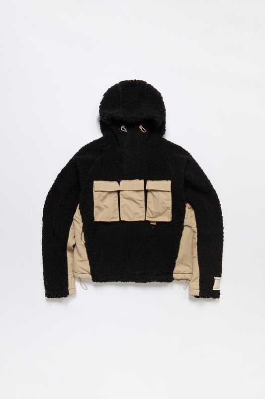 Hooded Sherpa Fleece Anorak in Black & Khaki