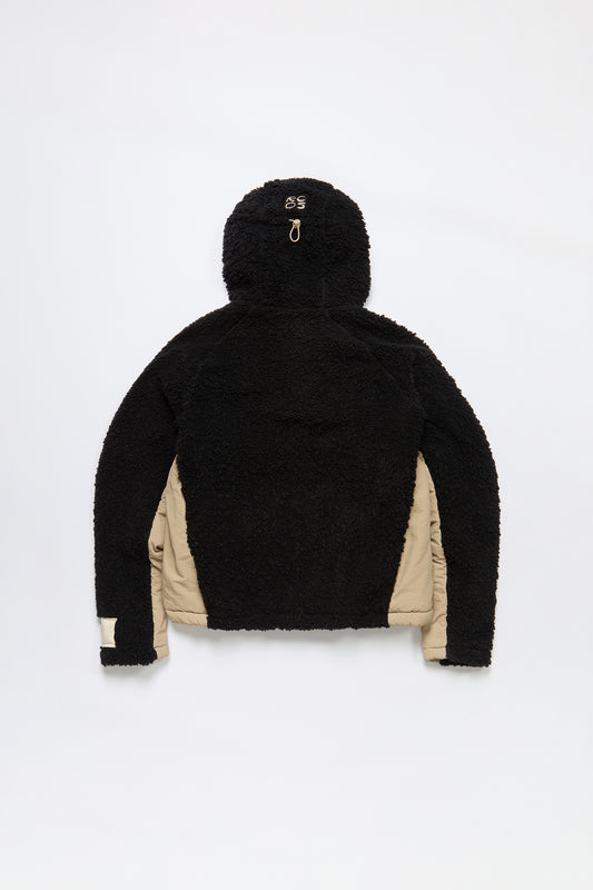 Hooded Sherpa Fleece Anorak in Black & Khaki