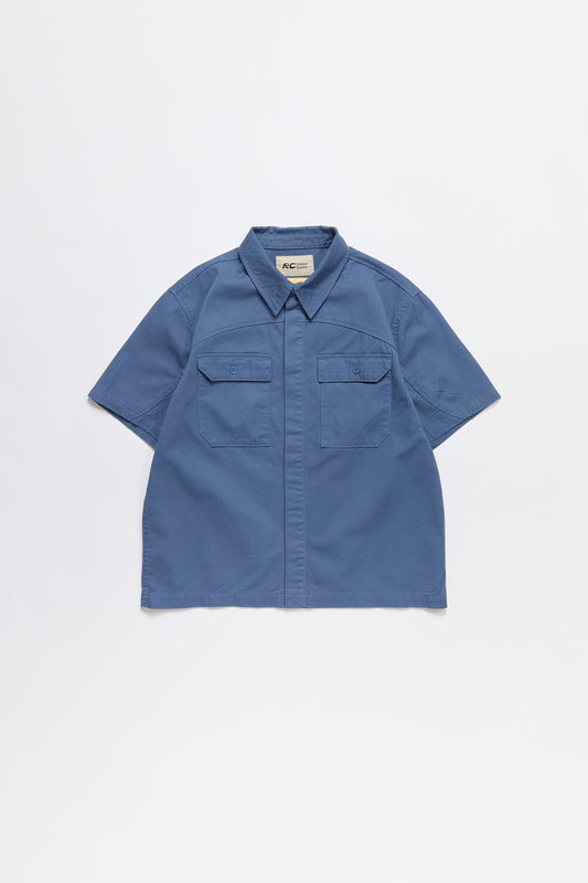 Cotton Short Sleeve Button Down Shirt in Slate Blue