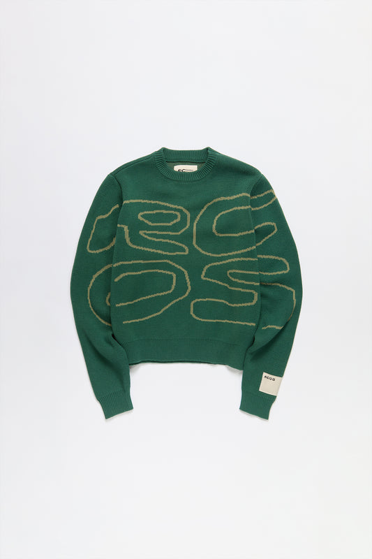 Stack Logo Heavy Intarsia Knit Sweater in Green