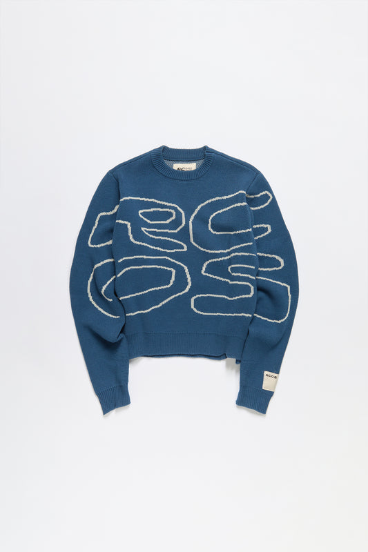 Stack Logo Heavy Intarsia Knit Sweater in Slate Blue