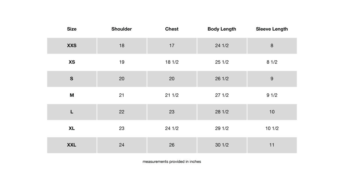 Pathway T-Shirt in Blue Size Chart