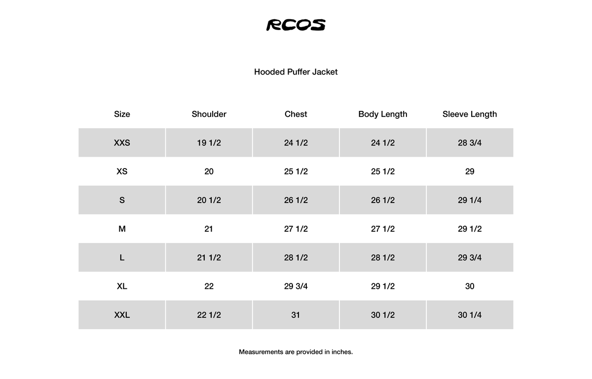 Hooded Puffer Jacket in Red Size Chart