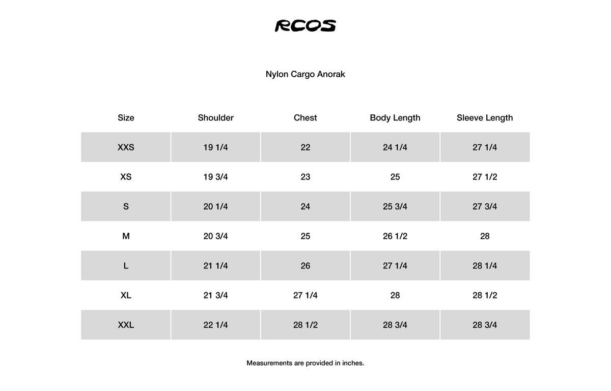Nylon Cargo Anorak in Green Size Chart