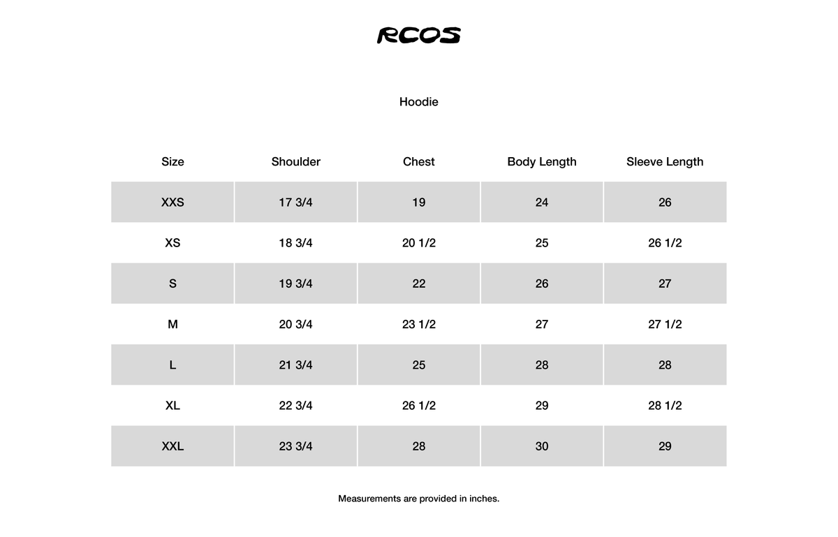 Outdoor Supply Zip Up Hoodie in Black Size Chart