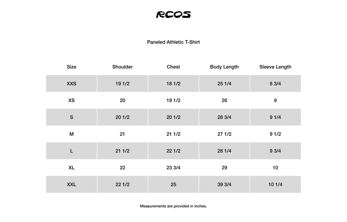 Paneled Athletic T-Shirt in Olive Size Chart
