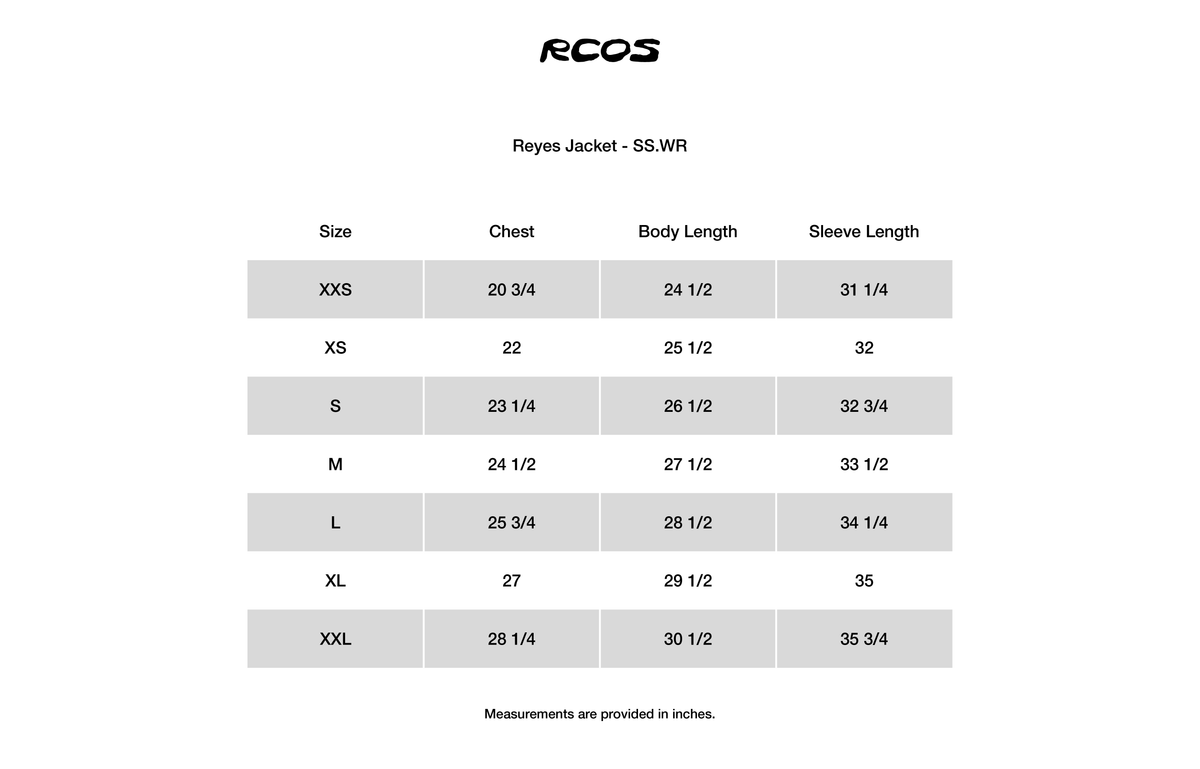 Reyes Jacket - SS.WR Size Chart