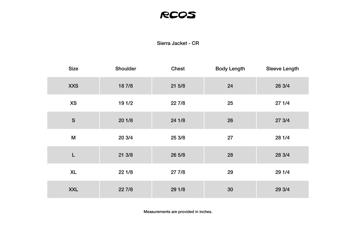 Sierra Jacket - CR Size Chart