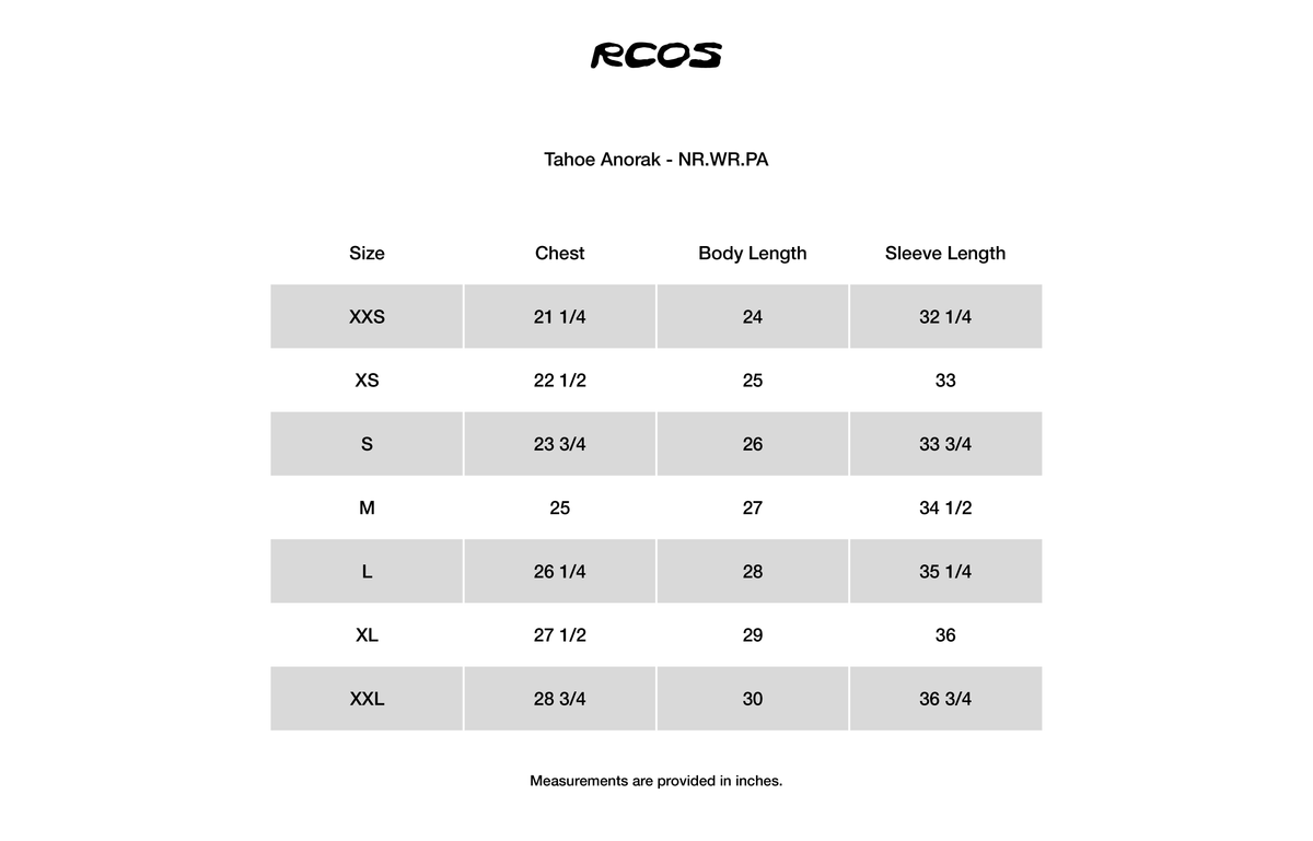 Tahoe Anorak - NR.WR.PA Size Chart
