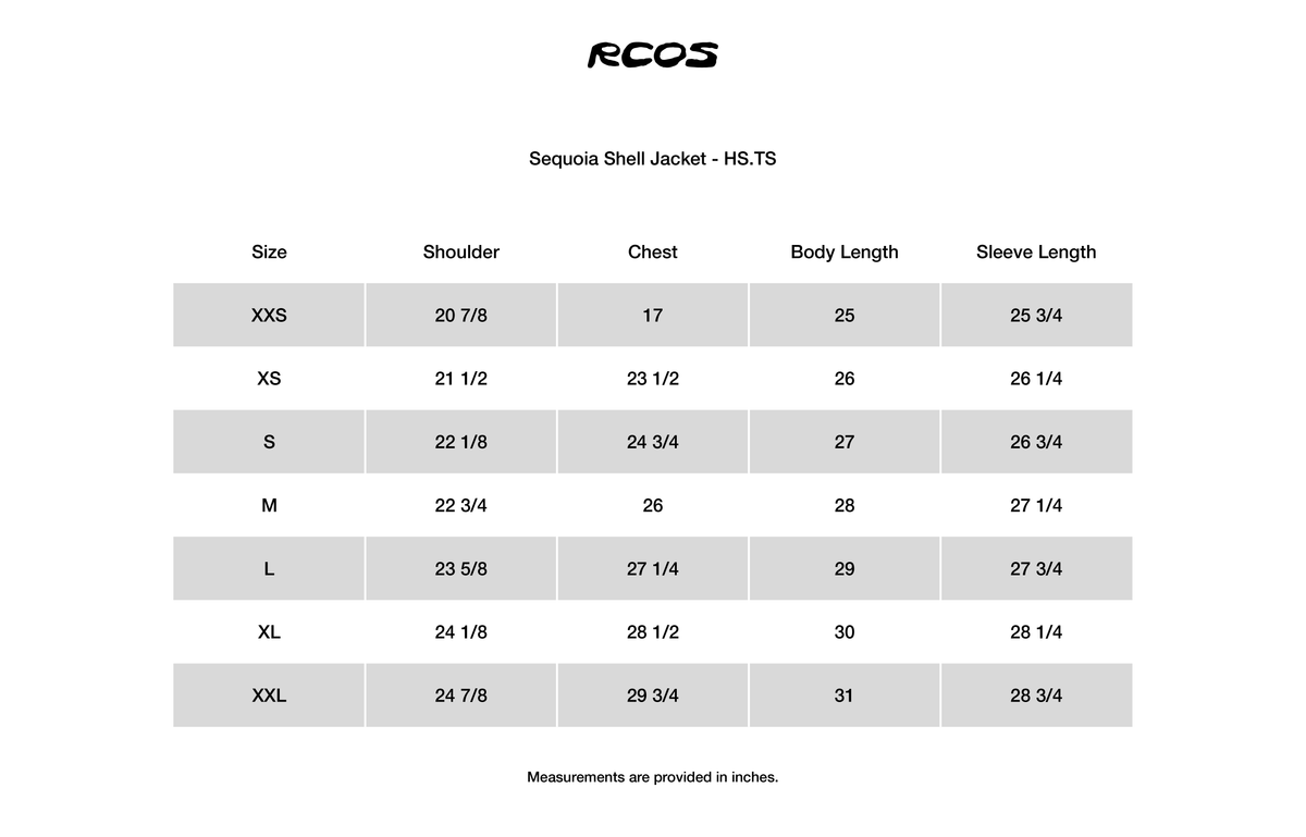 Sequoia Shell Jacket - HS.TS Size Chart