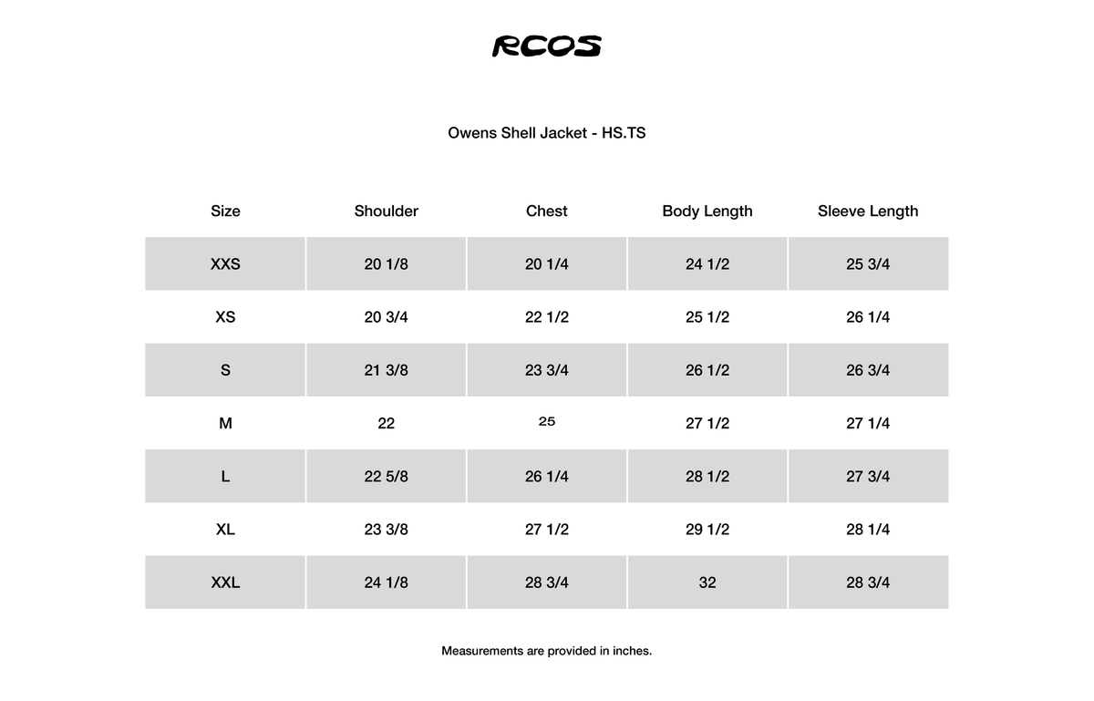Owens Shell Jacket - HS.TS Size Chart