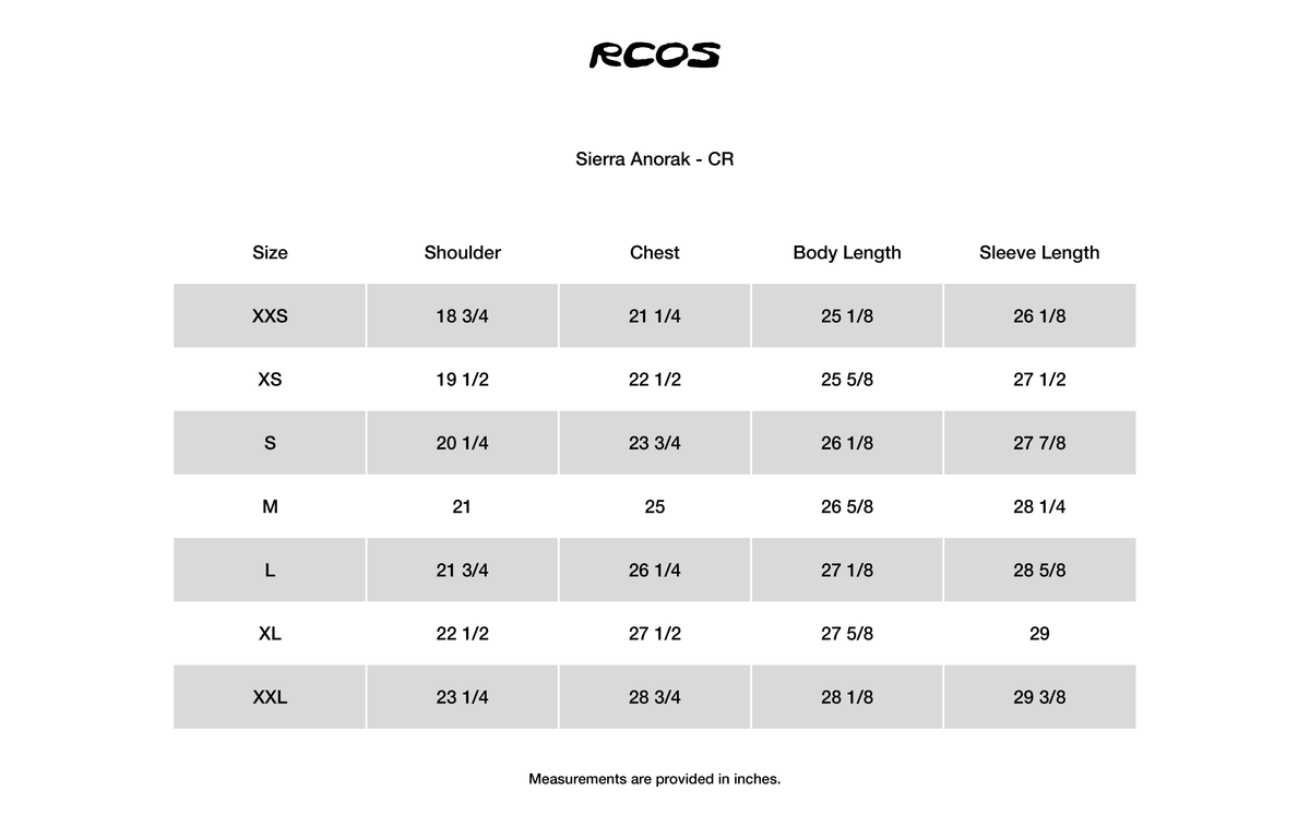 Sierra Anorak - CR Size Chart