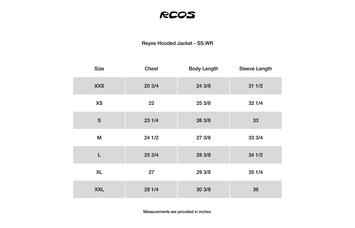 Reyes Hooded Jacket - SS.WR Size Chart