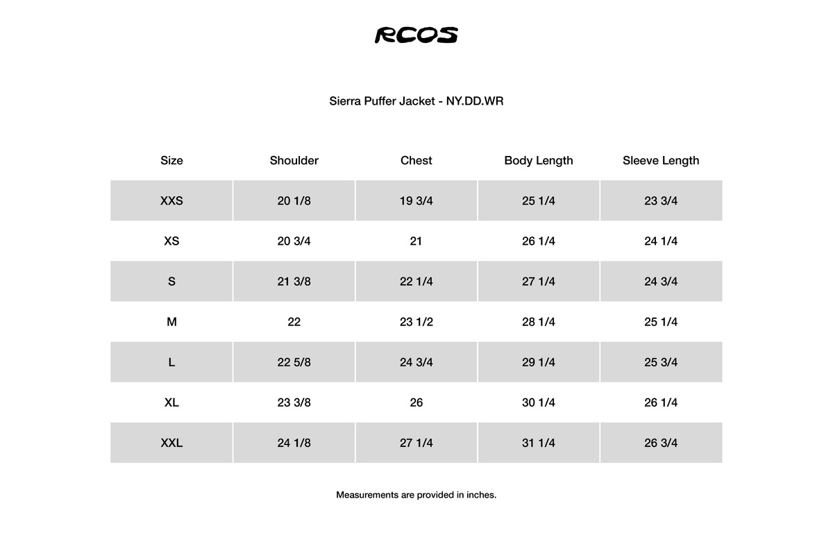Sierra Puffer Jacket - NY.DD.WR Size Chart
