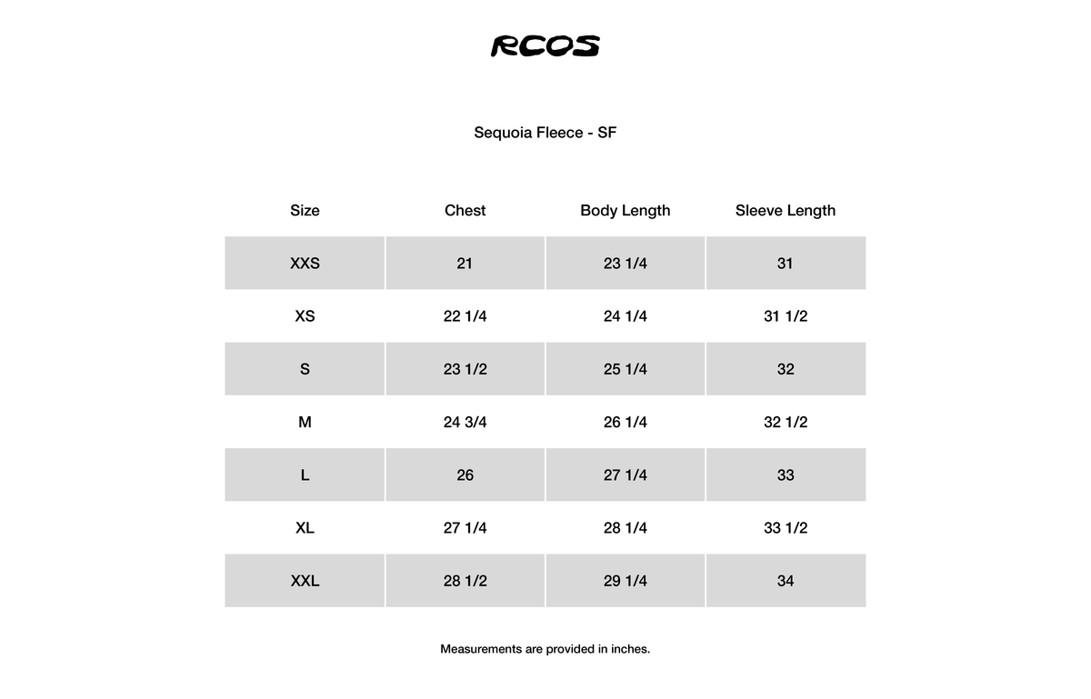 Sequoia Fleece - SF Size Chart