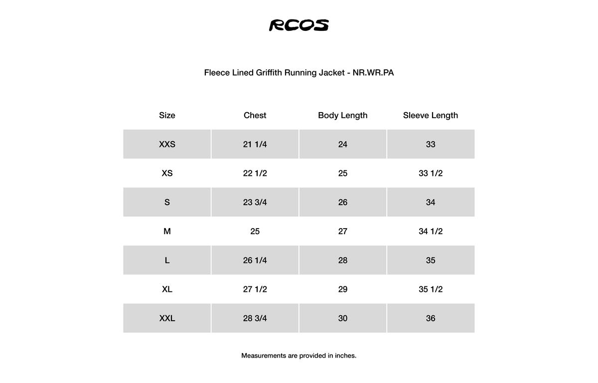 Fleece Lined Griffith Running Jacket - NR.WR.PA Size Chart
