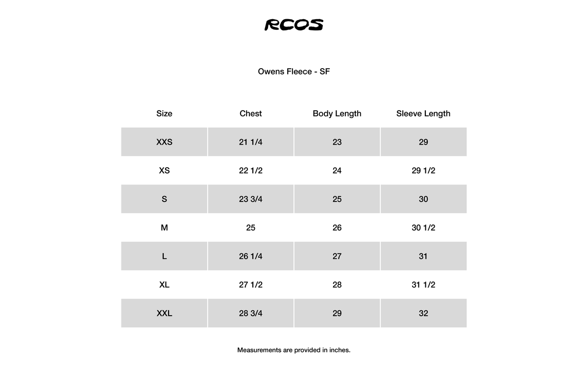 Owens Fleece - SF Size Chart