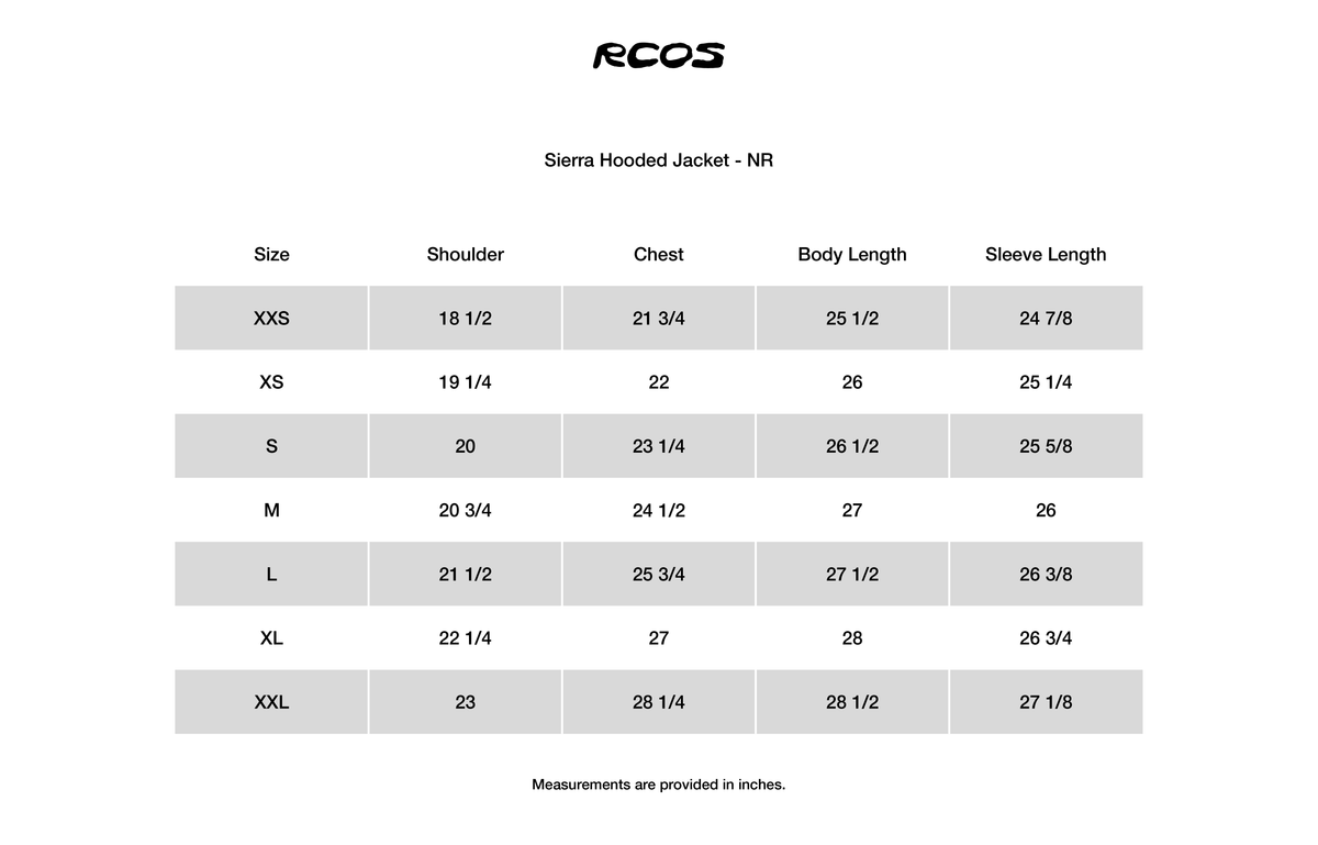 Sierra Hooded Jacket - NR Size Chart