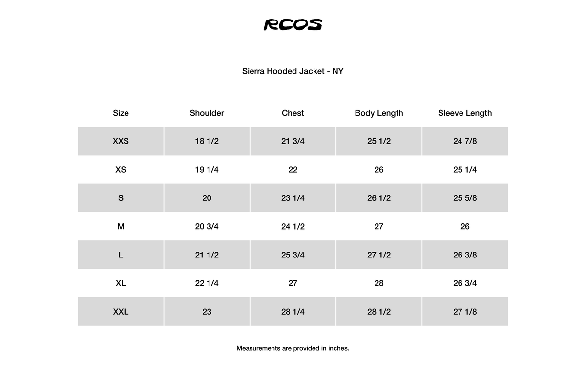 Sierra Hooded Jacket - NY Size Chart