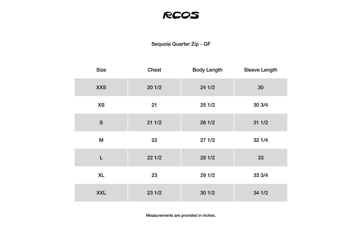 Sequoia Quarter Zip - GF Size Chart