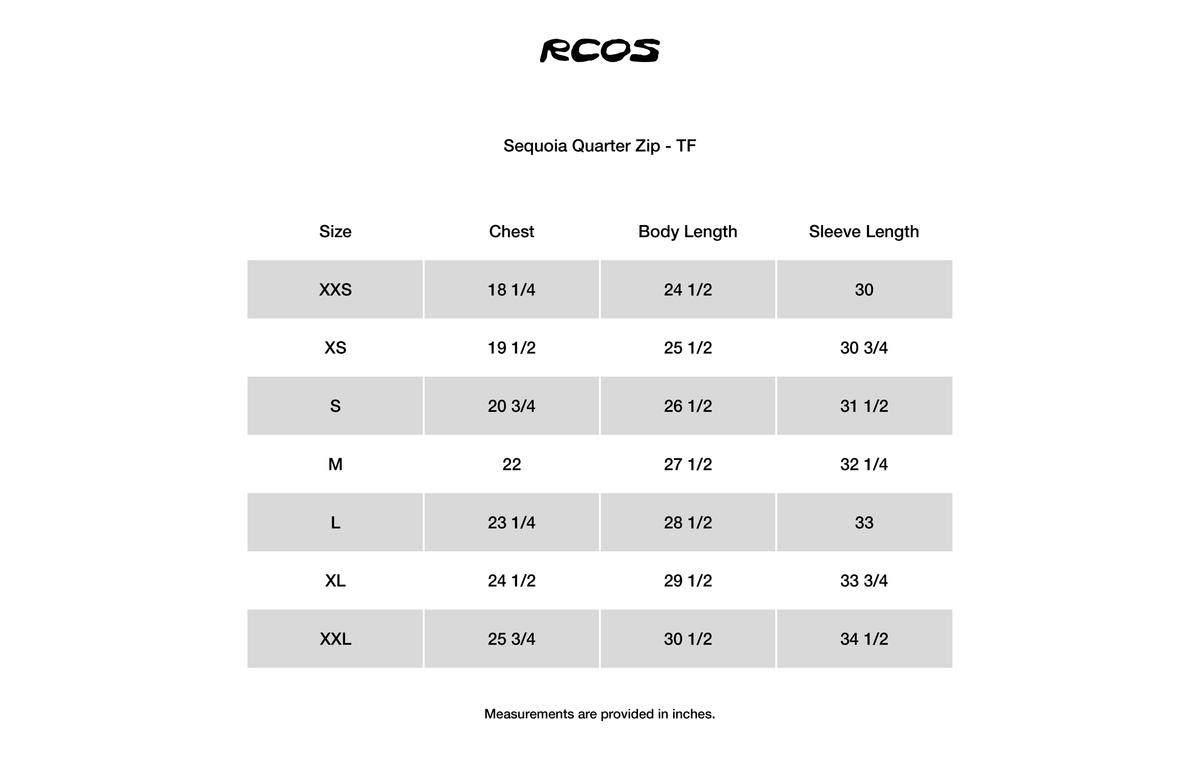 Sequoia Quarter Zip - TF Size Chart