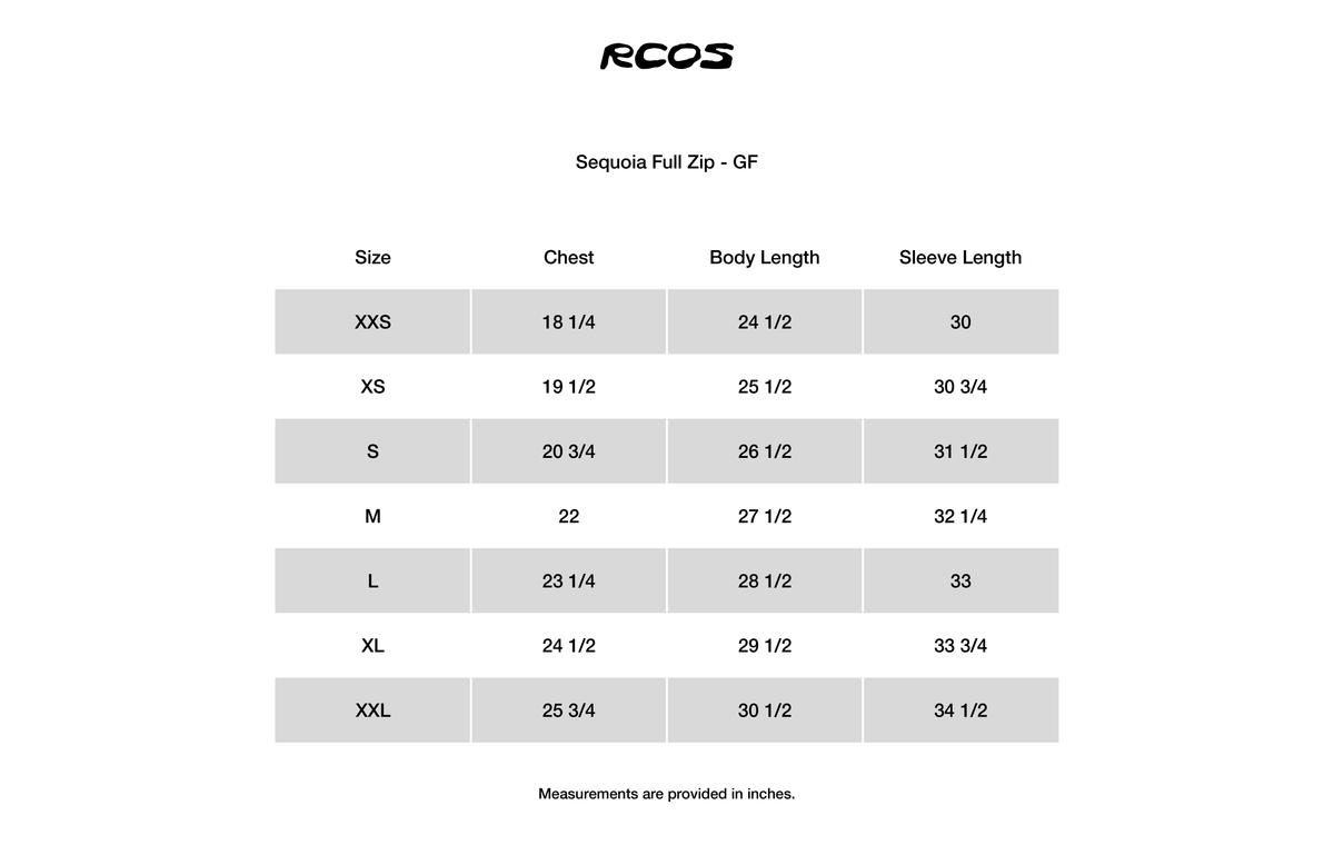 Sequoia Full Zip - GF Size Chart