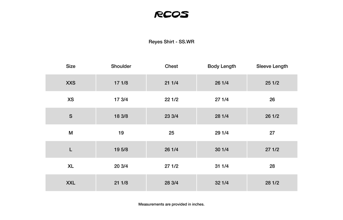 Reyes Shirt - SS.WR Size Chart