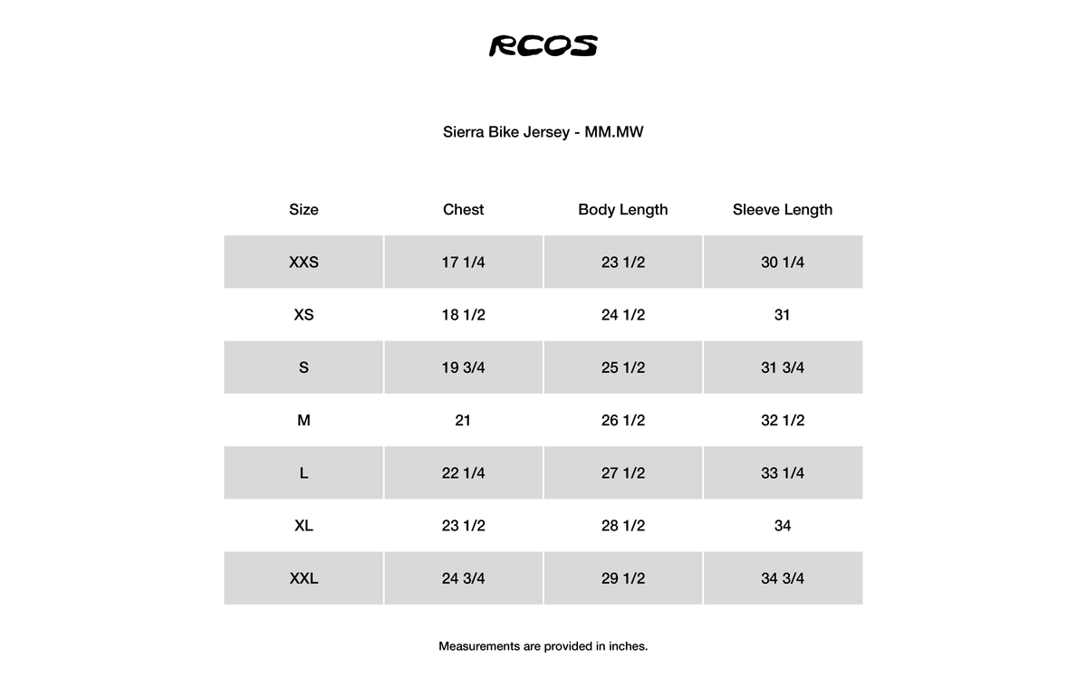 Sierra Bike Jersey - MM.MW Size Chart