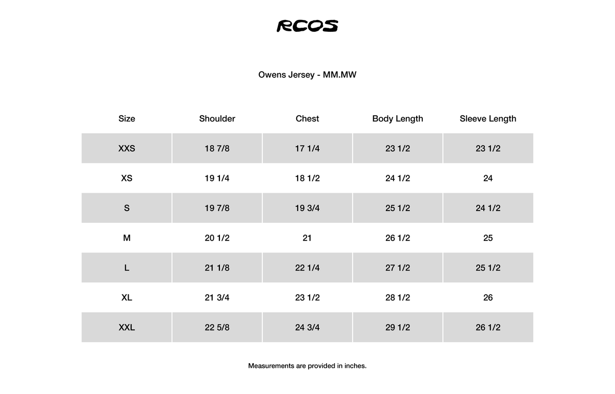 Owens Jersey - MM.MW Size Chart