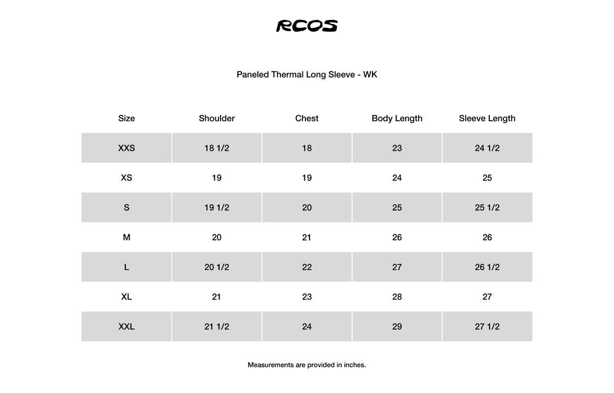 Paneled Thermal Long Sleeve - WK Size Chart