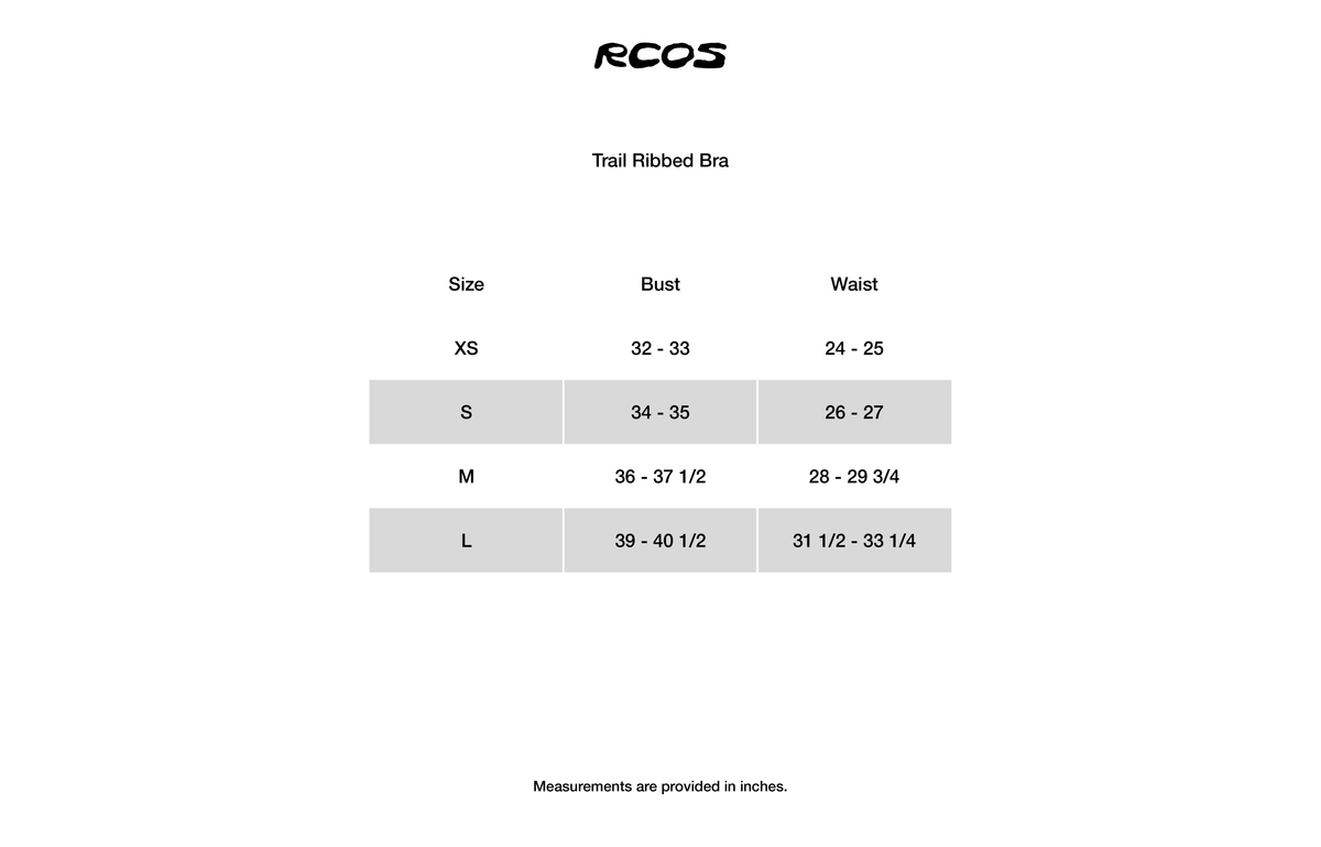 Trail Ribbed Bra Size Chart