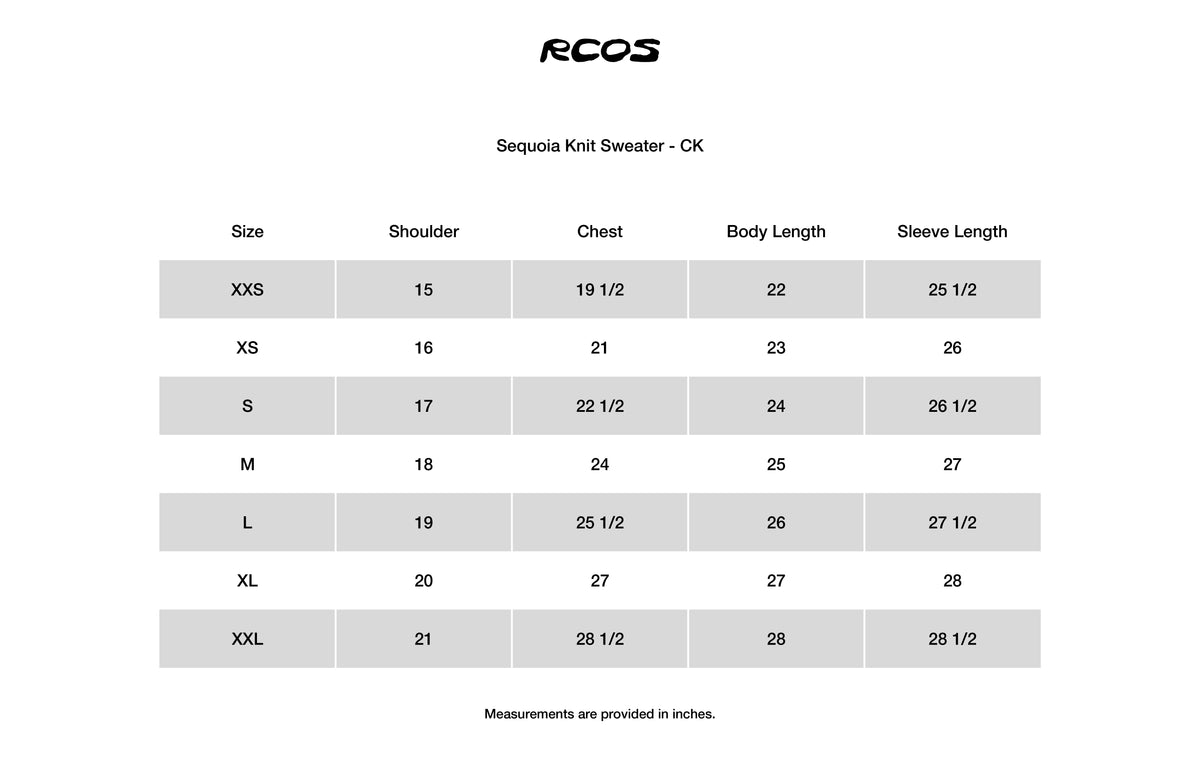 Sequoia Knit Sweater - CK Size Chart