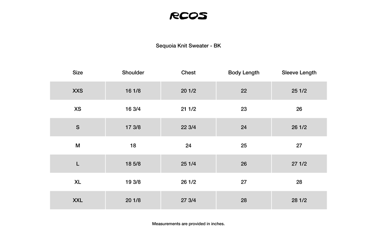 Sequoia Knit Sweater - BK Size Chart