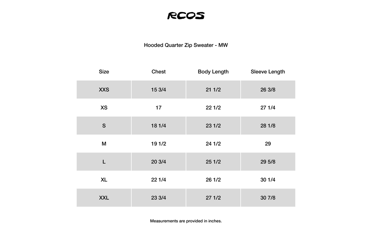 Hooded Quarter Zip Sweater - MW Size Chart