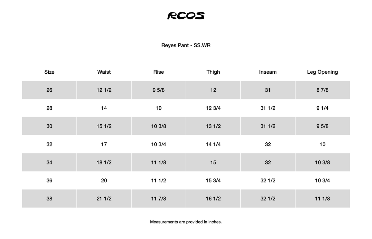 Reyes Pant - SS.WR Size Chart